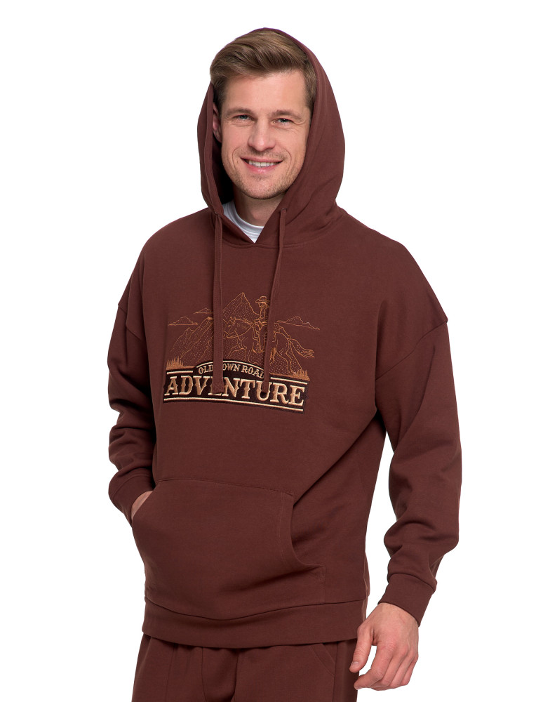 Bluzy - Męska bluza dresowa z kapturem i haftem ocieplana BRĄZOWY - produkt moraj.pl 6