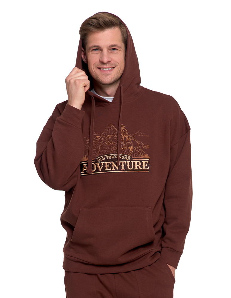 Bluzy - Męska bluza dresowa z kapturem i haftem ocieplana BRĄZOWY - produkt moraj.pl 7