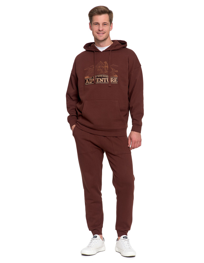 Bluzy - Męska bluza dresowa z kapturem i haftem ocieplana BRĄZOWY - produkt moraj.pl 8