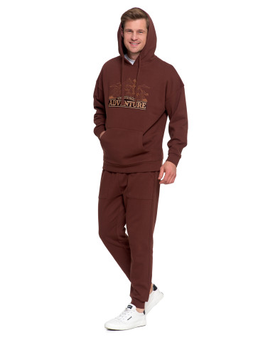 Bluzy - Męska bluza dresowa z kapturem i haftem ocieplana BRĄZOWY - produkt 11