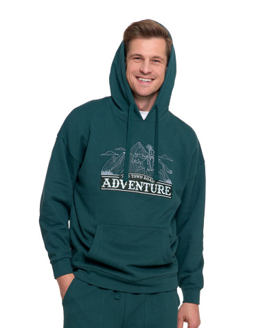 Bluzy - Męska bluza dresowa z kapturem i haftem ocieplana ZIELONY - produkt 6