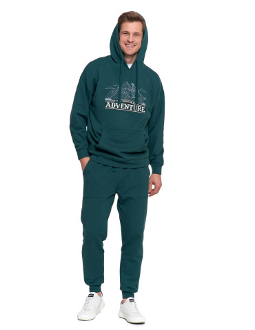 Bluzy - Męska bluza dresowa z kapturem i haftem ocieplana ZIELONY - produkt 11