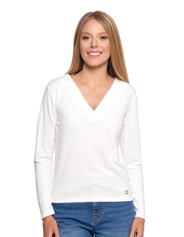 Bluzka damska z długim rękawem z ozdobnym dekoltem V