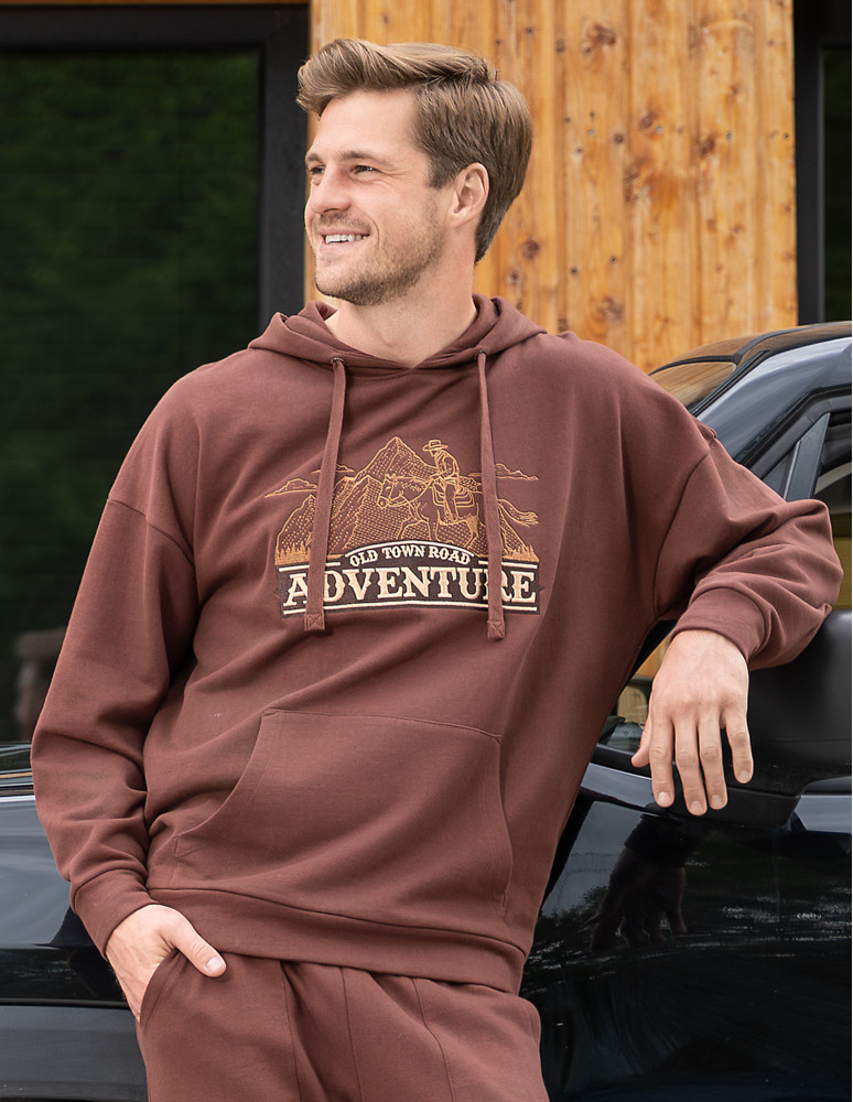 Bluzy - Męska bluza dresowa z kapturem i haftem ocieplana BRĄZOWY - produkt moraj.pl 13