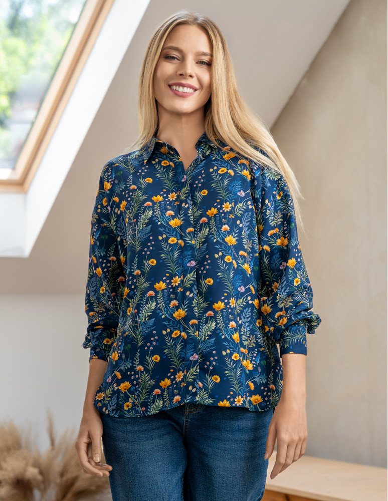 Koszula damska z wiskozy z krytą plisą GRANATOWY