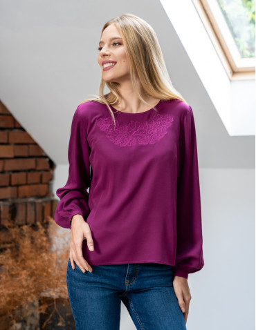Nowości - Bluzka damska z długim rękawem i subtelnym haftem FIOLETOWY - produkt 20