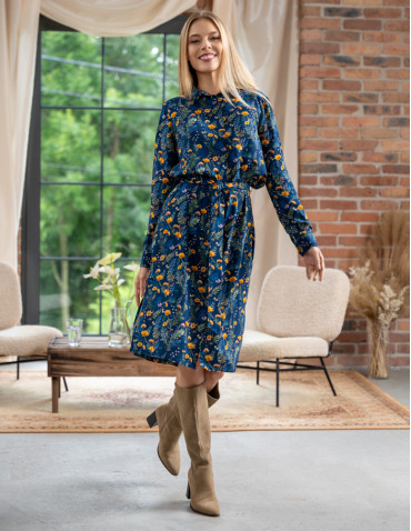 Sukienki - Sukienka damska midi koszulowa z wiskozy GRANATOWY - produkt 1