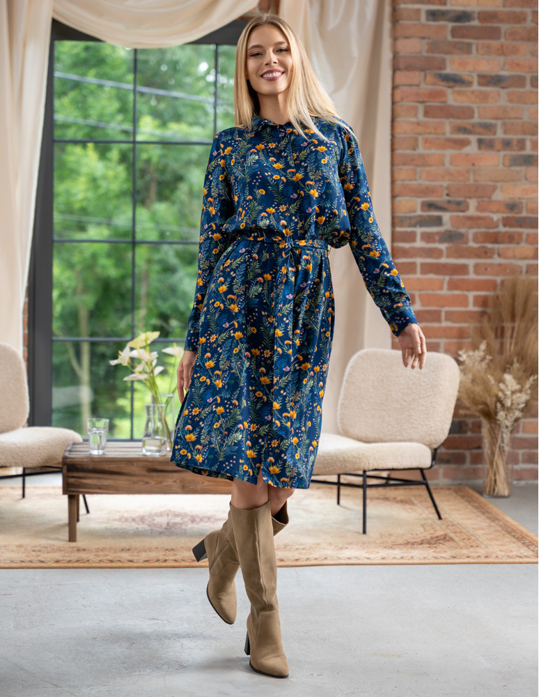 Sukienka damska midi koszulowa z wiskozy GRANATOWY