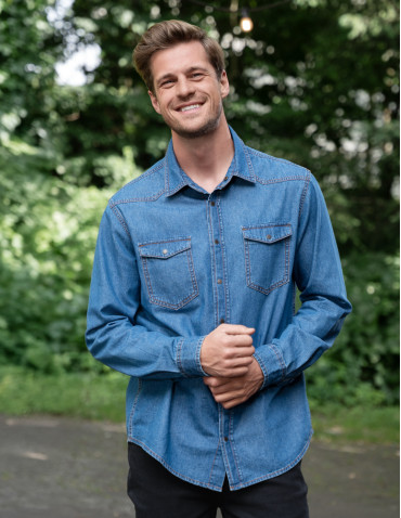 Koszulki, topy, koszule - Koszula męska jeansowa denim klasyczna NIEBIESKI - produkt 1