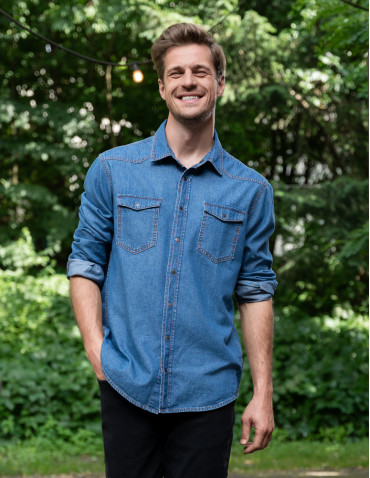 Koszulki, topy, koszule - Koszula męska jeansowa denim klasyczna NIEBIESKI - produkt 1