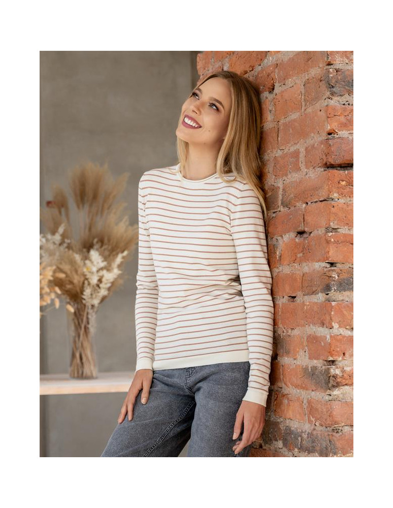 Swetry - Sweter damski z wiskozy w paski i okrągłym dekoltem BIAŁY  - produkt moraj.pl 11