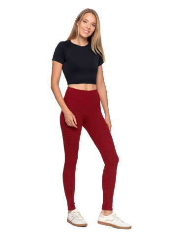 Legginsy - Damskie legginsy z wysokim stanem i prążkowaną strukturą BORDOWY - produkt 8