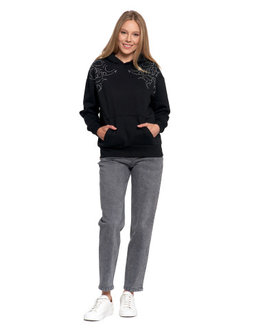 Bluzy - Bluza unisex z kapturem i cyrkoniami ocieplana CZARNY - produkt 3