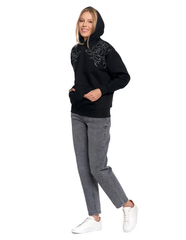 Bluzy - Bluza unisex z kapturem i cyrkoniami ocieplana CZARNY - produkt 6