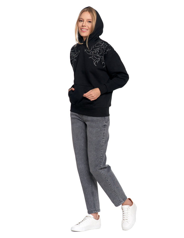 Bluzy - Bluza unisex z kapturem i cyrkoniami ocieplana CZARNY - produkt moraj.pl 6