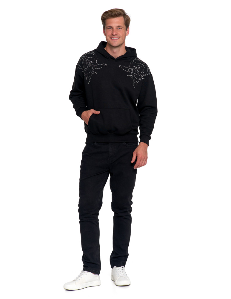 Bluzy - Bluza unisex z kapturem i cyrkoniami ocieplana CZARNY - produkt moraj.pl 7