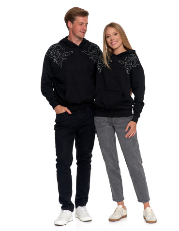 Bluzy - Bluza unisex z kapturem i cyrkoniami ocieplana CZARNY - produkt 13