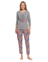 Piżama damska dwuczęściowa z rękawem 3/4 motyw łapacza snów