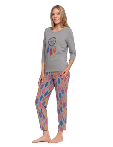Długi rękaw - Piżama damska dwuczęściowa z rękawem 3/4 motyw łapacza snów SZARY - produkt 3