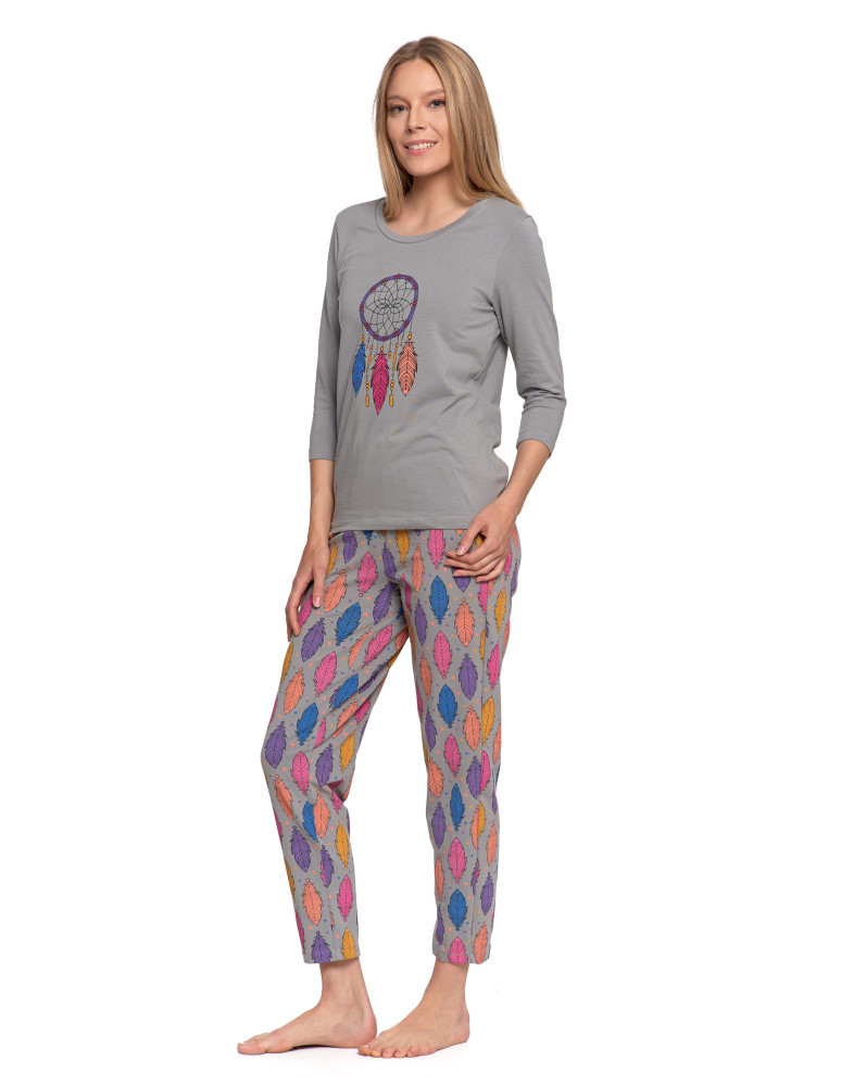 Długi rękaw - Piżama damska dwuczęściowa z rękawem 3/4 motyw łapacza snów SZARY  - produkt moraj.pl 3