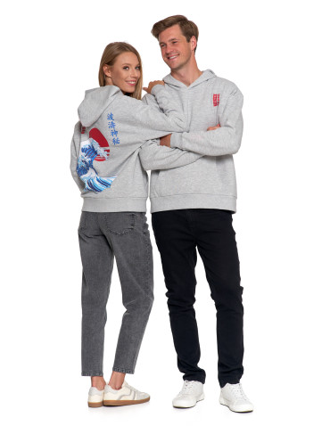 Bluzy - Bluza unisex z kapturem z japońskim motywem fali SZARY - produkt 2