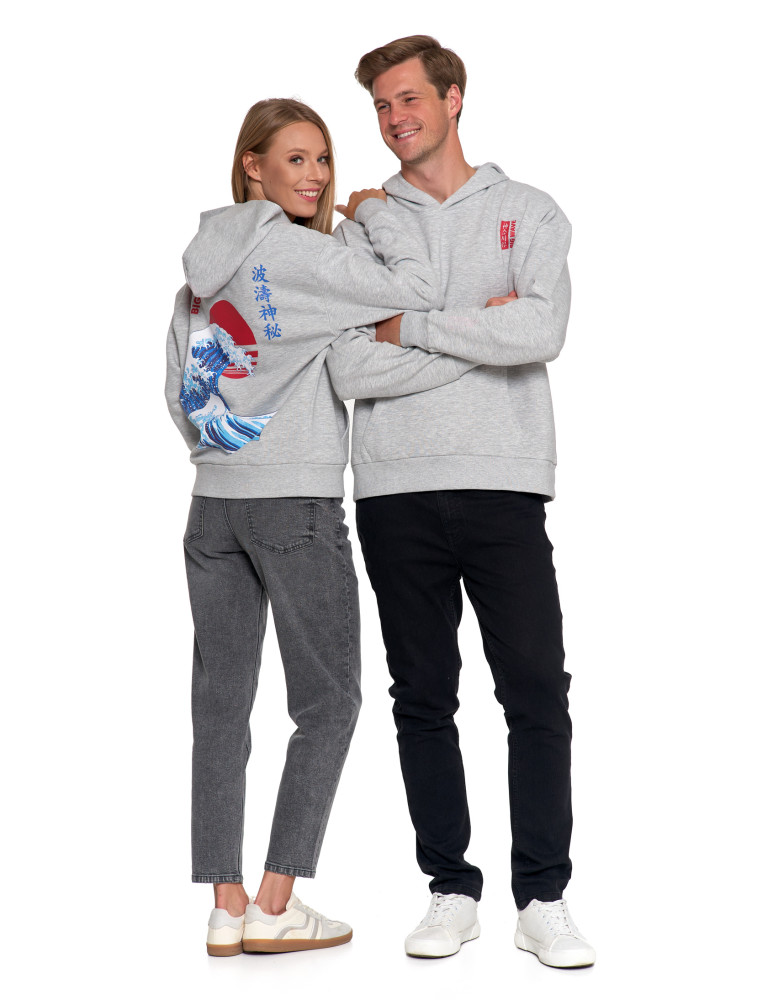 Bluzy - Bluza unisex z kapturem z japońskim motywem fali SZARY - produkt moraj.pl 2