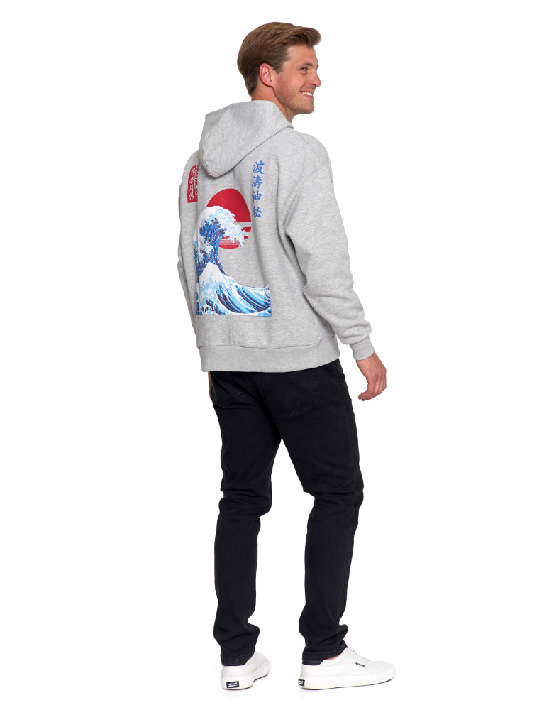 Bluzy - Bluza unisex z kapturem z japońskim motywem fali SZARY - produkt moraj.pl 8