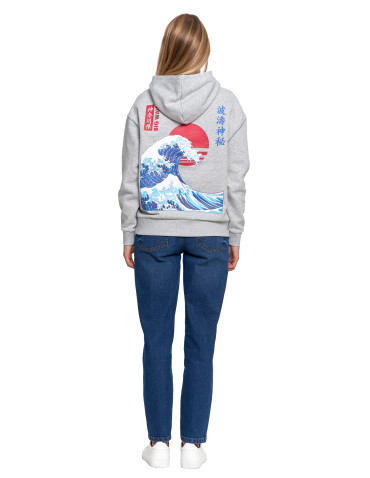 Bluzy - Bluza unisex z kapturem z japońskim motywem fali SZARY - produkt 11