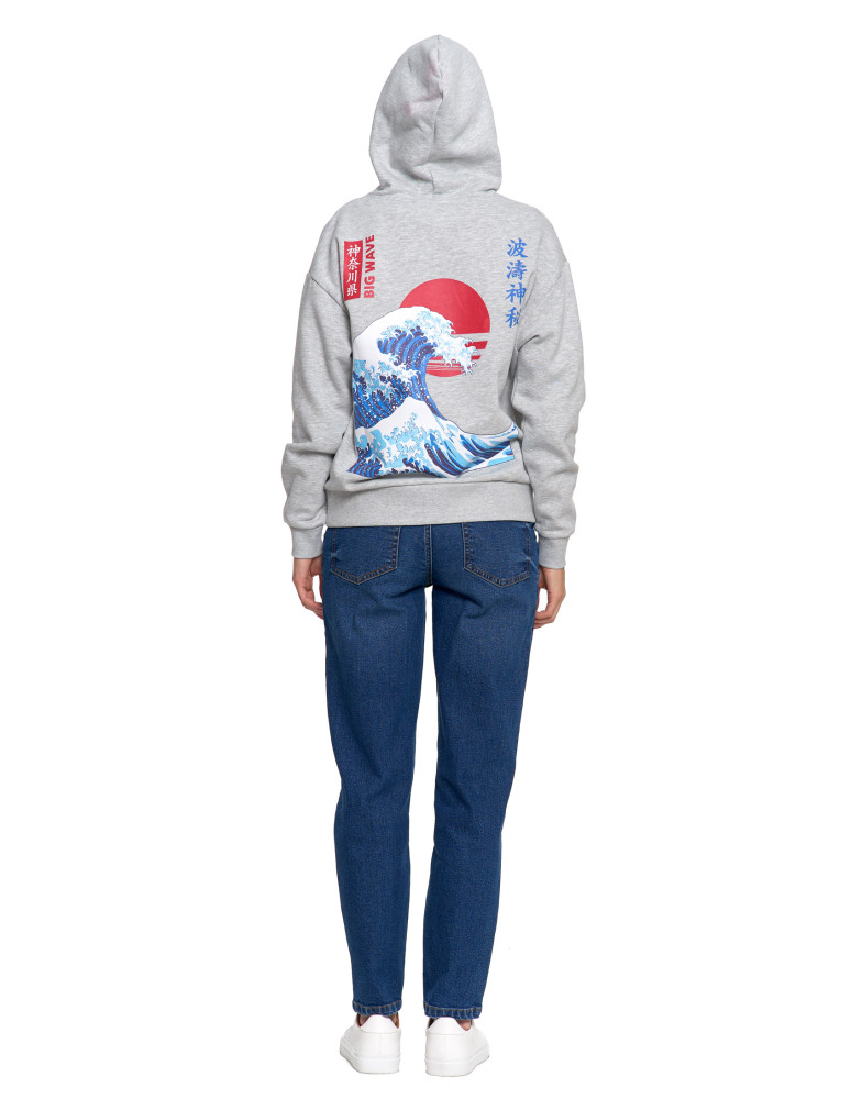 Bluzy - Bluza unisex z kapturem z japońskim motywem fali SZARY - produkt moraj.pl 13