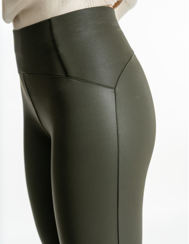 Legginsy - Legginsy damskie z wysokim stanem imitujące skórę KHAKI - produkt 4