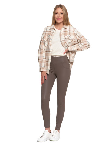 Legginsy - Damskie legginsy z wysokim stanem w stylu skórzanym BEŻOWY - produkt 1