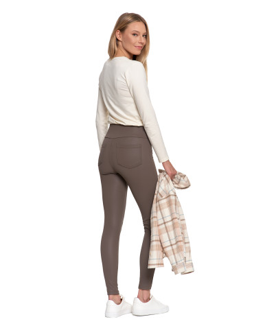 Legginsy - Damskie legginsy z wysokim stanem w stylu skórzanym BEŻOWY - produkt 2