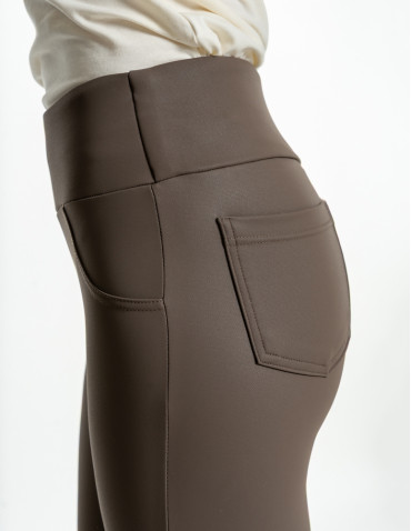 Legginsy - Damskie legginsy z wysokim stanem w stylu skórzanym BEŻOWY - produkt 4