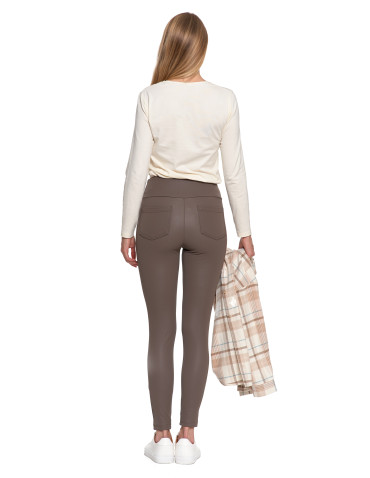 Legginsy - Damskie legginsy z wysokim stanem w stylu skórzanym BEŻOWY - produkt 7