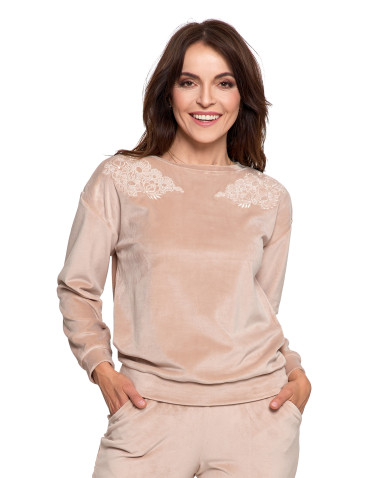 Bluzy - Bluza damska welurowa bez kaptura z haftem BEŻOWY - produkt 2