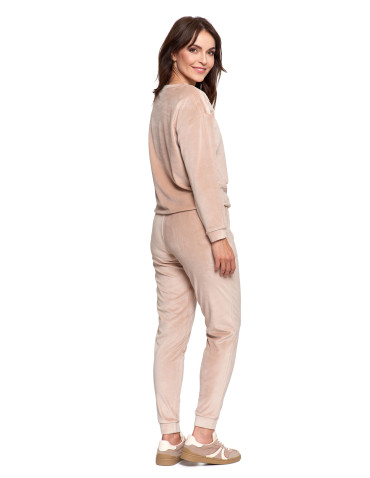 Bluzy - Bluza damska welurowa bez kaptura z haftem BEŻOWY - produkt 13