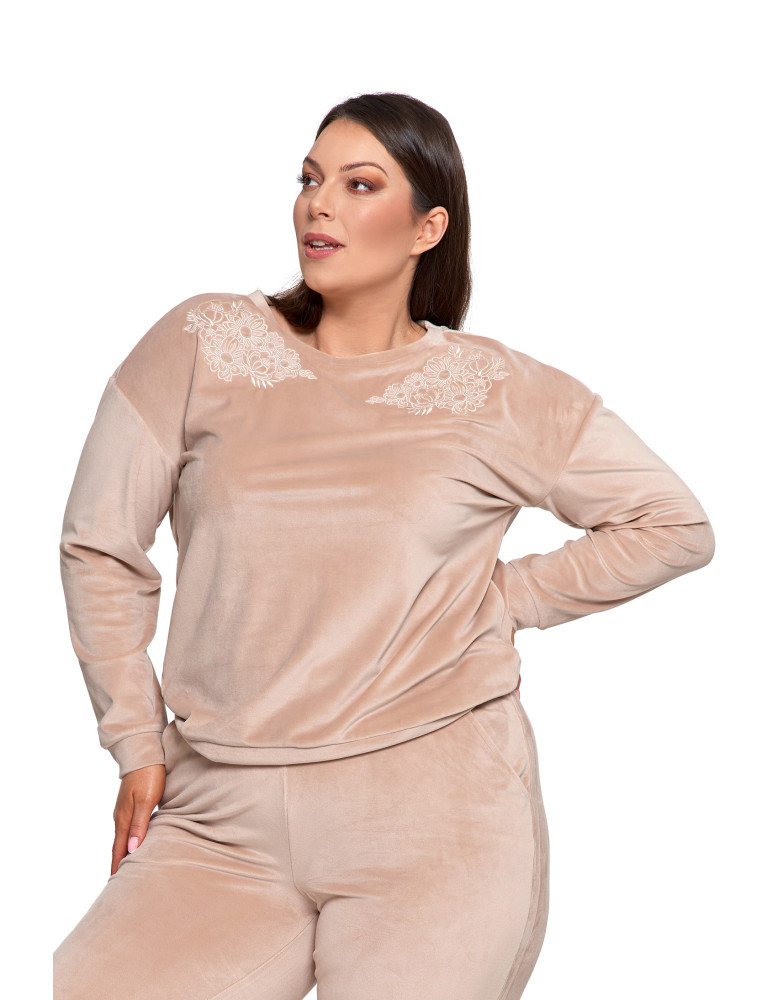 Bluzy - Bluza damska welurowa bez kaptura z haftem BEŻOWY - produkt moraj.pl 15