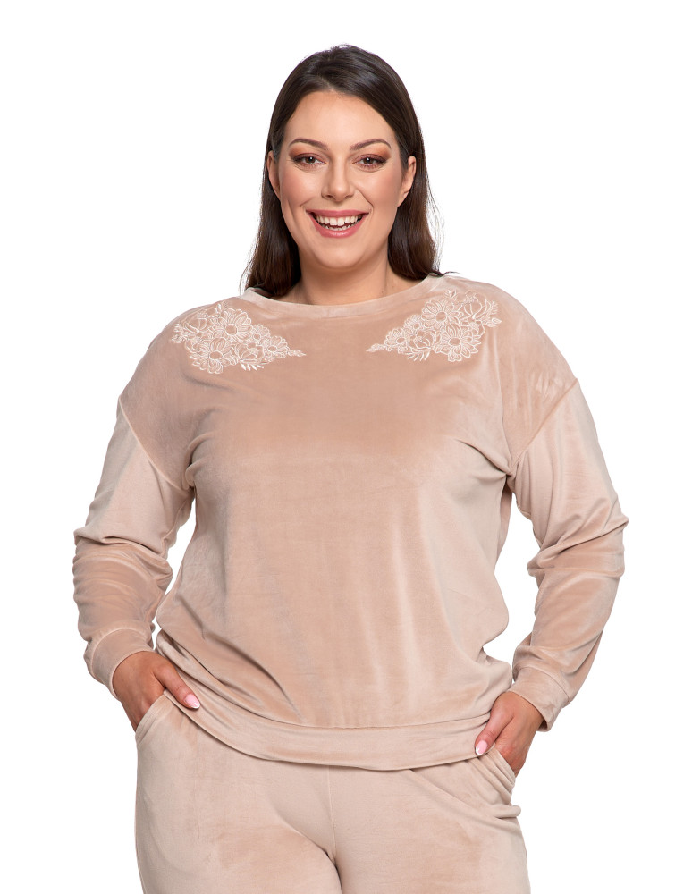 Bluzy - Bluza damska welurowa bez kaptura z haftem BEŻOWY - produkt moraj.pl 18