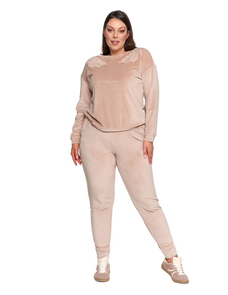 Bluzy - Bluza damska welurowa bez kaptura z haftem BEŻOWY - produkt moraj.pl 19