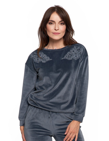 Bluzy - Bluza damska welurowa bez kaptura z haftem GRAFITOWY - produkt 2
