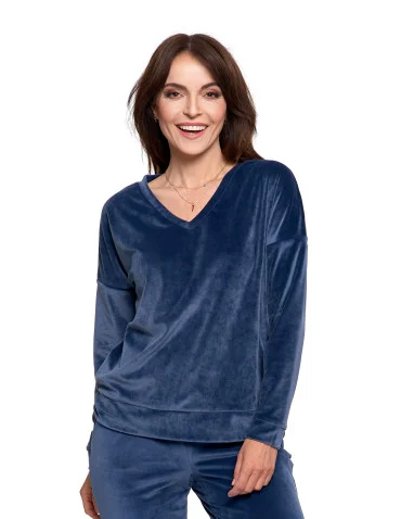 Bluza damska welurowa klasyczna z dekoltem V - GRANATOWY - produkt 2