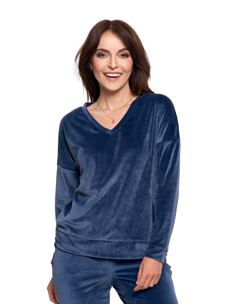 Bluzy - Bluza damska welurowa klasyczna z dekoltem V GRANATOWY - produkt moraj.pl 2