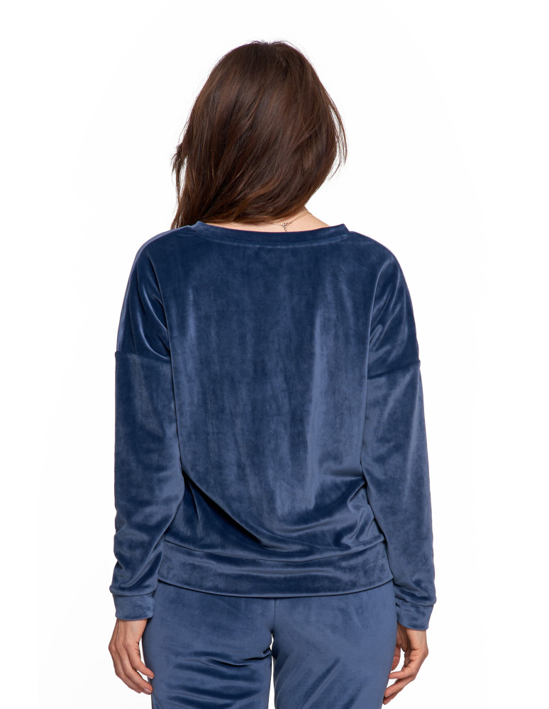 Bluzy - Bluza damska welurowa klasyczna z dekoltem V GRANATOWY - produkt moraj.pl 3