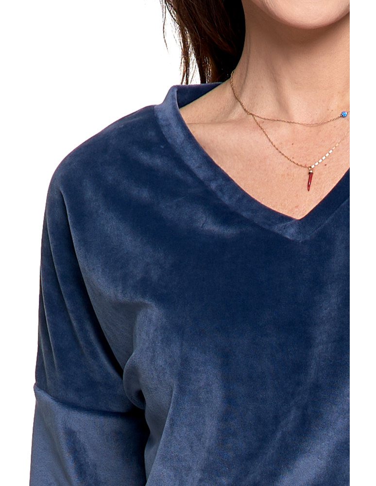 Bluzy - Bluza damska welurowa klasyczna z dekoltem V GRANATOWY - produkt moraj.pl 4