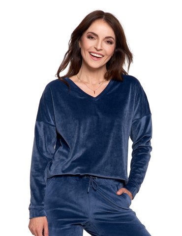 Bluzy - Bluza damska welurowa klasyczna z dekoltem V GRANATOWY - produkt 5