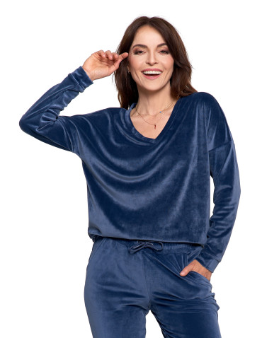 Bluzy - Bluza damska welurowa klasyczna z dekoltem V GRANATOWY - produkt 6
