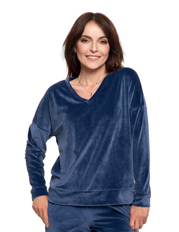 Bluzy - Bluza damska welurowa klasyczna z dekoltem V GRANATOWY - produkt 7