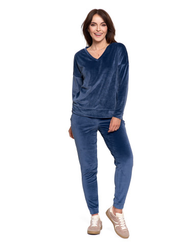 Bluzy - Bluza damska welurowa klasyczna z dekoltem V GRANATOWY - produkt 9
