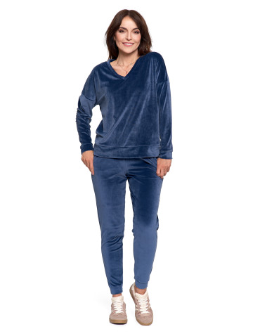 Bluzy - Bluza damska welurowa klasyczna z dekoltem V GRANATOWY - produkt 10