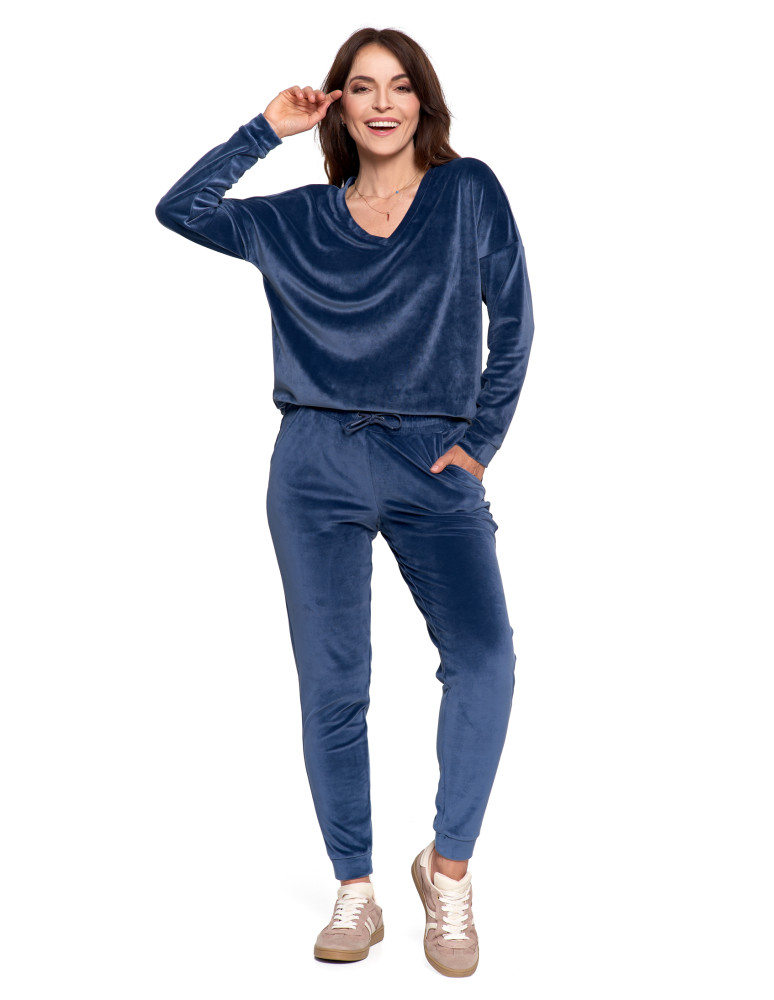 Bluzy - Bluza damska welurowa klasyczna z dekoltem V GRANATOWY - produkt moraj.pl 11